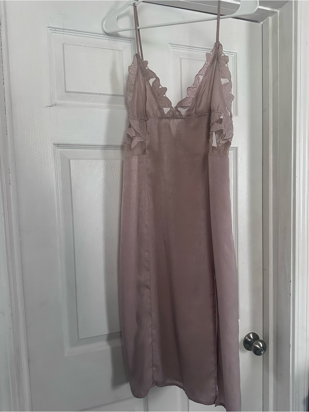 Honey Punch Mauve Slip Midi Dress with Lace Trim